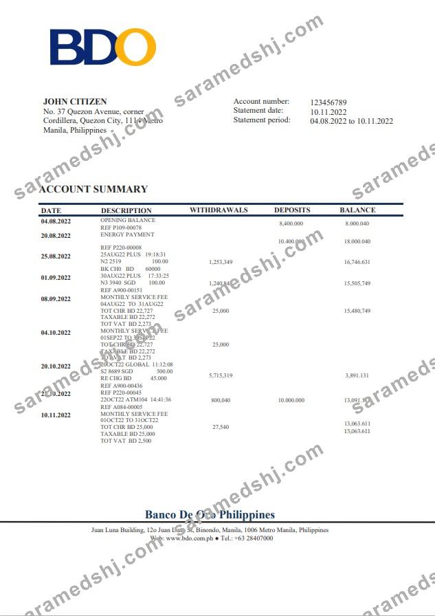Philippines BDO bank statement